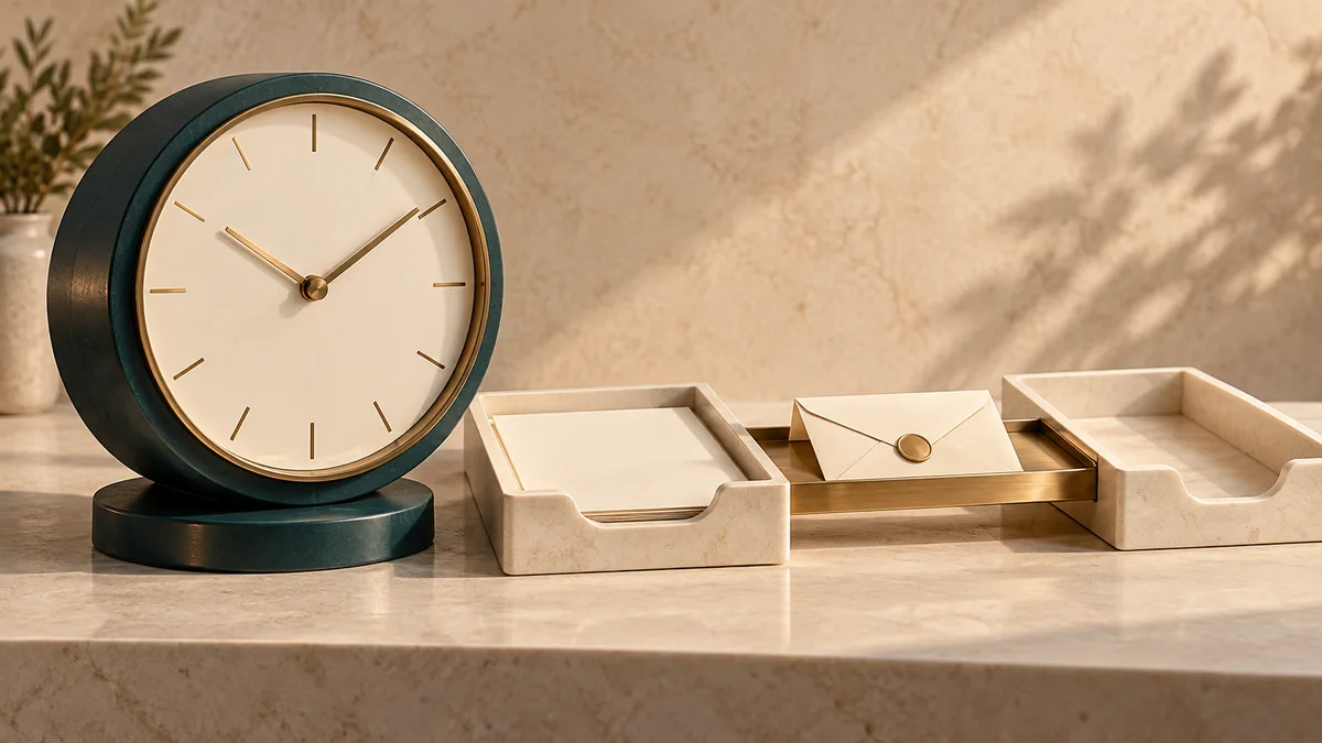 A teal desk clock stands beside document trays connected by a brass channel carrying a sealed envelope.
