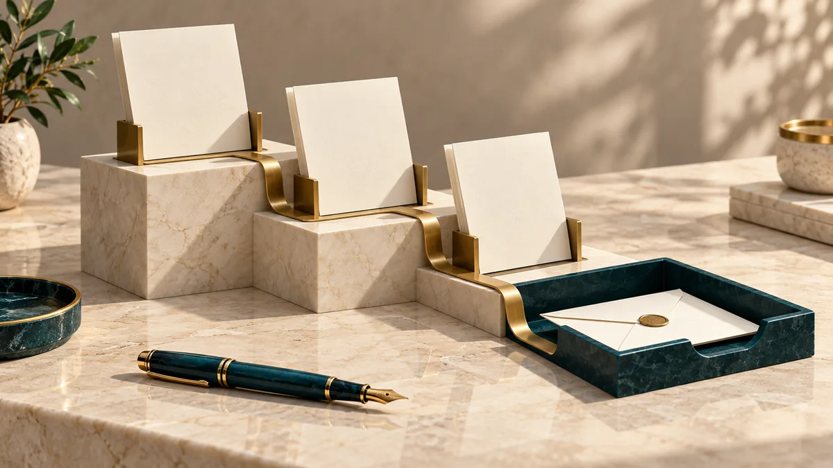 Stepped ivory document panels and a brass ribbon lead to a teal recipient tray with a sealed envelope.