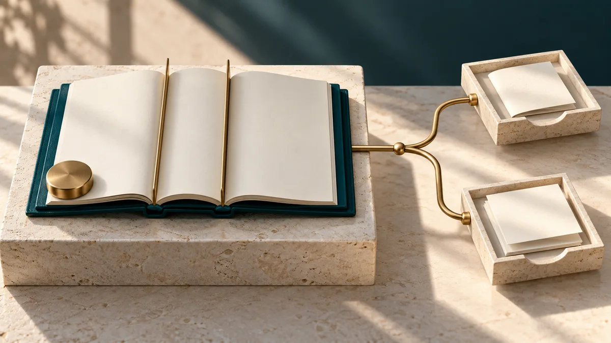An open teal ledger with blank sections connects through a branching brass track to two receipt trays.
