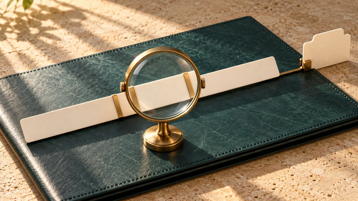 A brass magnifying lens examines a blank three-part reference strip on a teal folio.