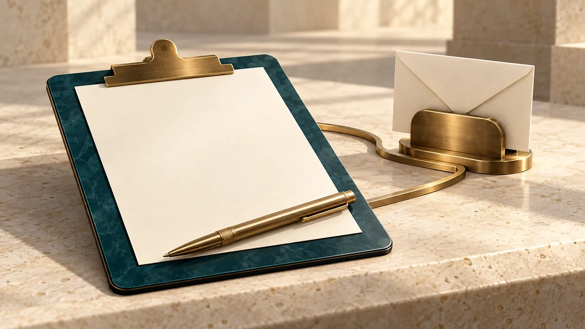 A teal clipboard with a blank form and brass pen connects to an envelope in a dispatch holder.