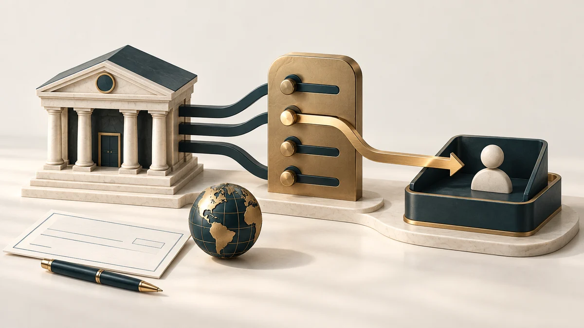 A generic bank connects through a brass routing selector to a recipient tray, with a blank check and globe beside it.