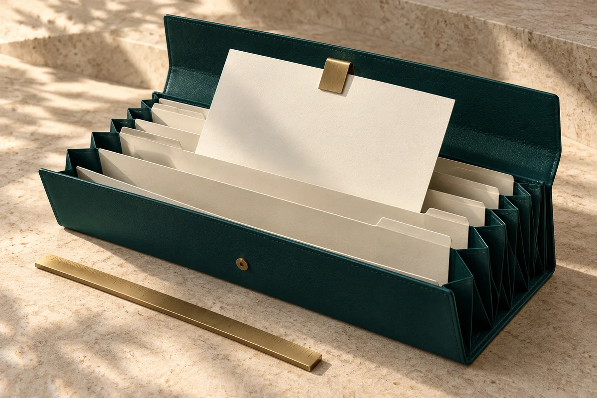 An open teal accordion case holds blank ivory documents with a brass clip beside a brass ruler.