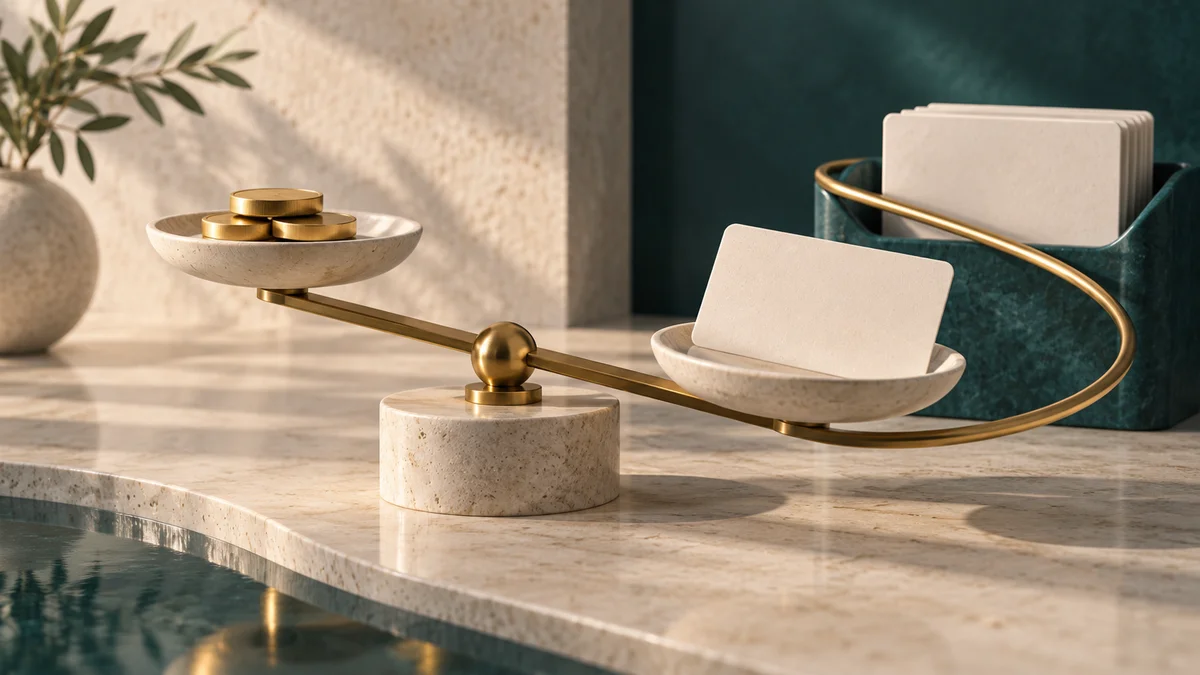 A brass balance beam holds a few discs opposite a blank payment card beside a teal document holder.