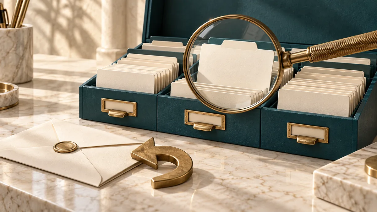 A brass magnifying glass helps match a blank account card to a teal card cabinet beside a returned envelope.