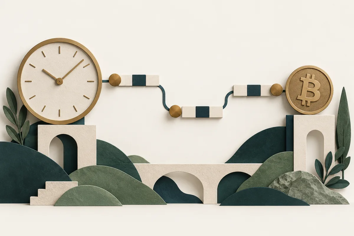 Conceptual clock and connected processing steps leading toward a Bitcoin symbol.