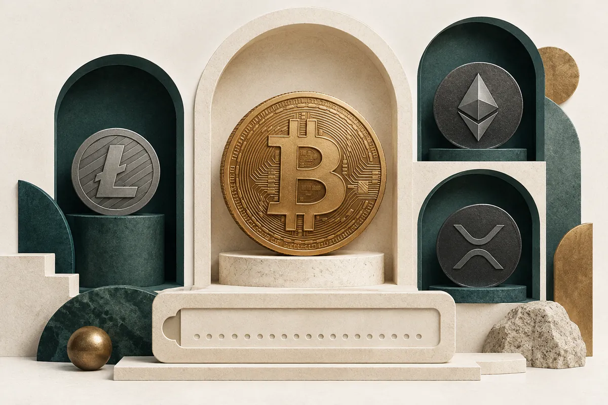 Bitcoin symbol in its own niche, separate from other token shapes and an address tile.