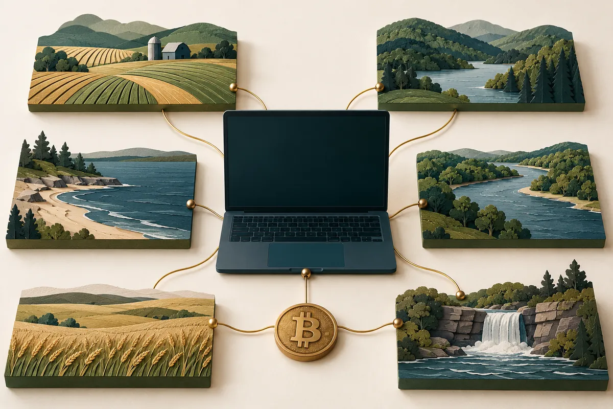 Conceptual regional landscape tiles connecting to an online Bitcoin purchase device.